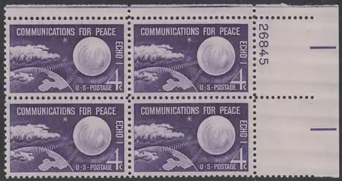 USA Michel 0803 / Scott 1173 postfrisch PLATEBLOCK ECKRAND oben rechts m/Platten-# 26845 (b) - Echo I - Nachrichtenverbindungen für den Frieden