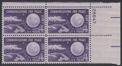 USA Michel 0803 / Scott 1173 postfrisch PLATEBLOCK ECKRAND oben rechts m/Platten-# 26847 - Echo I - Nachrichtenverbindungen für den Frieden