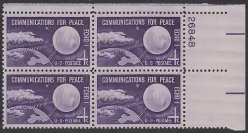USA Michel 0803 / Scott 1173 postfrisch PLATEBLOCK ECKRAND oben rechts m/Platten-# 26848 - Echo I - Nachrichtenverbindungen für den Frieden