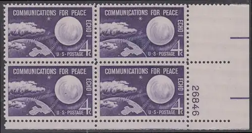 USA Michel 0803 / Scott 1173 postfrisch PLATEBLOCK ECKRAND unten rechts m/Platten-# 26846 - Echo I - Nachrichtenverbindungen für den Frieden