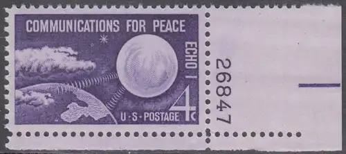 USA Michel 0803 / Scott 1173 postfrisch EINZELMARKE ECKRAND unten rechts m/Platten-# 26847 - Echo I - Nachrichtenverbindungen für den Frieden