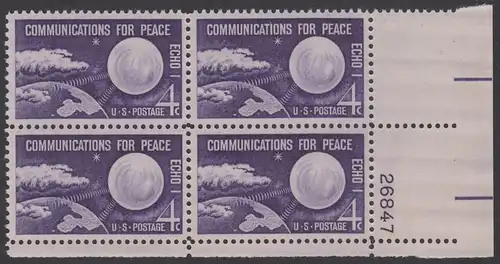 USA Michel 0803 / Scott 1173 postfrisch PLATEBLOCK ECKRAND unten rechts m/Platten-# 26847 (b) - Echo I - Nachrichtenverbindungen für den Frieden