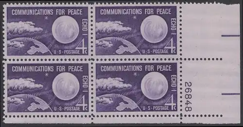 USA Michel 0803 / Scott 1173 postfrisch PLATEBLOCK ECKRAND unten rechts m/Platten-# 26848 (b) - Echo I - Nachrichtenverbindungen für den Frieden