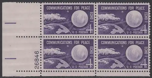 USA Michel 0803 / Scott 1173 postfrisch PLATEBLOCK ECKRAND unten links m/Platten-# 26846 (a) - Echo I - Nachrichtenverbindungen für den Frieden