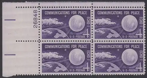 USA Michel 0803 / Scott 1173 postfrisch PLATEBLOCK ECKRAND oben links m/Platten-# 26848 (b) - Echo I - Nachrichtenverbindungen für den Frieden