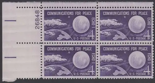 USA Michel 0803 / Scott 1173 postfrisch PLATEBLOCK ECKRAND oben links m/Platten-# 26848 (c) - Echo I - Nachrichtenverbindungen für den Frieden