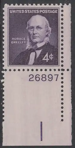 USA Michel 0807 / Scott 1177 postfrisch EINZELMARKE ECKRAND unten rechts m/Platten-# 26897 - 150. Geburtstag von Horace Greeley, Verleger und Publizist