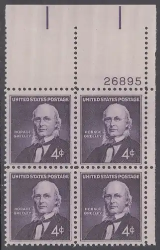 USA Michel 0807 / Scott 1177 postfrisch PLATEBLOCK ECKRAND oben rechts m/Platten-# 26895 - 150. Geburtstag von Horace Greeley, Verleger und Publizist