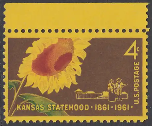 USA Michel 0809 / Scott 1183 postfrisch EINZELMARKE RAND oben - 100 Jahre Staat Kansas: Sonnenblume (Staatsblume), Pionierpaar vor Pallisade