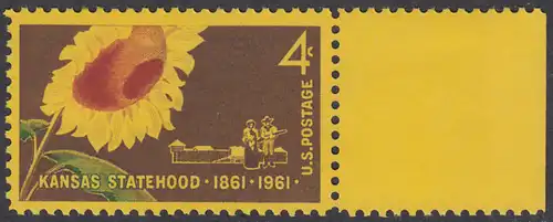 USA Michel 0809 / Scott 1183 postfrisch EINZELMARKE RAND rechts - 100 Jahre Staat Kansas: Sonnenblume (Staatsblume), Pionierpaar vor Pallisade