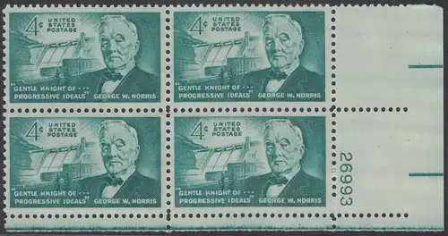 USA Michel 0810 / Scott 1184 postfrisch PLATEBLOCK ECKRAND unten rechts m/Platten-# 26993 - 100. Geburtstag von George Norris; Senator; Norrisdamm, TN