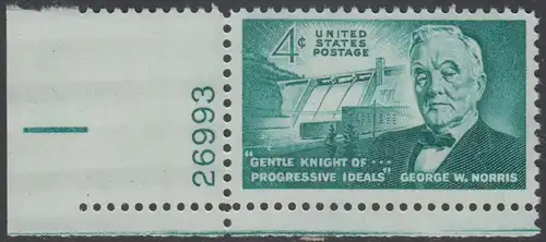 USA Michel 0810 / Scott 1184 postfrisch EINZELMARKE ECKRAND unten links m/Platten-# 26993 - 100. Geburtstag von George Norris; Senator; Norrisdamm, TN