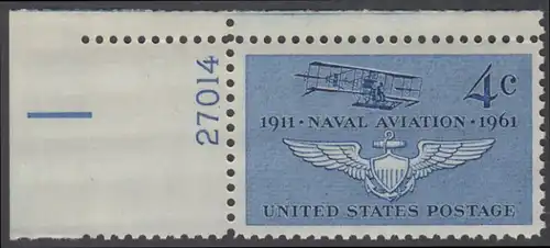 USA Michel 0811 / Scott 1185 postfrisch EINZELMARKE ECKRAND oben links m/Platten-# 27014 - 50. Jahre Marineflieger, Doppeldecker Curtiss A-1 von 1911, Pilotenabzeichen