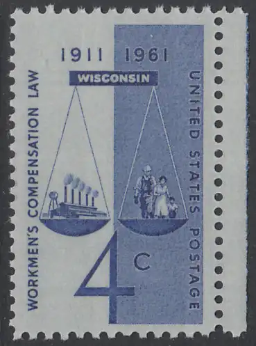 USA Michel 0812 / Scott 1186 postfrisch EINZELMARKE RAND rechts - 50 Jahre Ausgleichsgesetz für Arbeiter; Gerechtigkeitssymbol