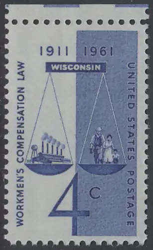 USA Michel 0812 / Scott 1186 postfrisch EINZELMARKE RAND oben (a) - 50 Jahre Ausgleichsgesetz für Arbeiter; Gerechtigkeitssymbol