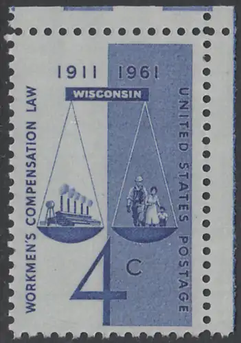 USA Michel 0812 / Scott 1186 postfrisch EINZELMARKE ECKRAND oben rechts - 50 Jahre Ausgleichsgesetz für Arbeiter; Gerechtigkeitssymbol