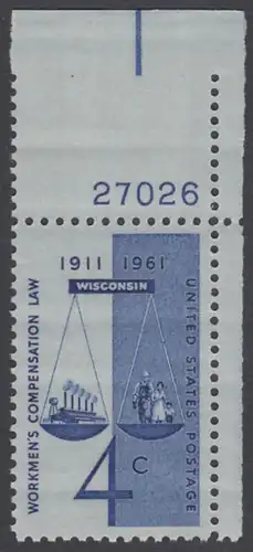 USA Michel 0812 / Scott 1186 postfrisch EINZELMARKE ECKRAND oben rechts m/Platten-# 27026 - 50 Jahre Ausgleichsgesetz für Arbeiter; Gerechtigkeitssymbol