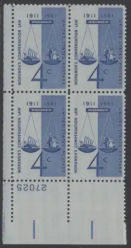 USA Michel 0812 / Scott 1186 postfrisch PLATEBLOCK ECKRAND unten links m/Platten-# 27025 - 50 Jahre Ausgleichsgesetz für Arbeiter; Gerechtigkeitssymbol