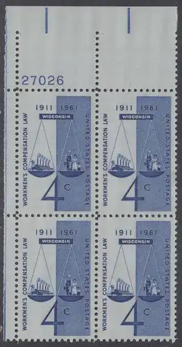 USA Michel 0812 / Scott 1186 postfrisch PLATEBLOCK ECKRAND oben links m/Platten-# 27026 - 50 Jahre Ausgleichsgesetz für Arbeiter; Gerechtigkeitssymbol