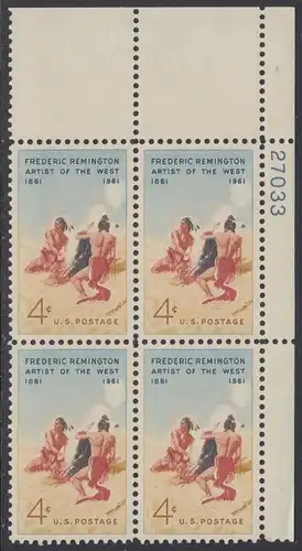 USA Michel 0813 / Scott 1187 postfrisch PLATEBLOCK ECKRAND oben rechts m/Platten-# 27033 - 100. Geburtstag von Frederic Remington, Maler und Bildhauer