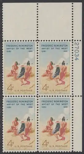 USA Michel 0813 / Scott 1187 postfrisch PLATEBLOCK ECKRAND oben rechts m/Platten-# 27034 - 100. Geburtstag von Frederic Remington, Maler und Bildhauer