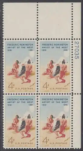 USA Michel 0813 / Scott 1187 postfrisch PLATEBLOCK ECKRAND oben rechts m/Platten-# 27035 - 100. Geburtstag von Frederic Remington, Maler und Bildhauer