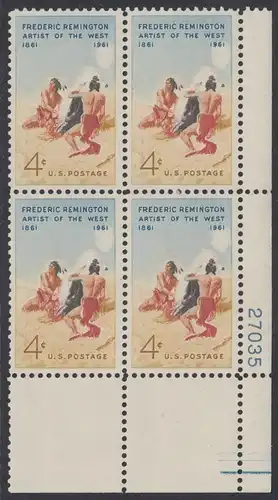 USA Michel 0813 / Scott 1187 postfrisch PLATEBLOCK ECKRAND unten rechts m/Platten-# 27035 (b) - 100. Geburtstag von Frederic Remington, Maler und Bildhauer