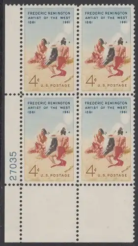 USA Michel 0813 / Scott 1187 postfrisch PLATEBLOCK ECKRAND unten links m/Platten-# 27035 - 100. Geburtstag von Frederic Remington, Maler und Bildhauer