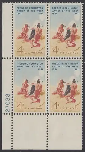 USA Michel 0813 / Scott 1187 postfrisch PLATEBLOCK ECKRAND unten links m/Platten-# 27033 (a) - 100. Geburtstag von Frederic Remington, Maler und Bildhauer