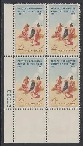 USA Michel 0813 / Scott 1187 postfrisch PLATEBLOCK ECKRAND unten links m/Platten-# 27033 (b) - 100. Geburtstag von Frederic Remington, Maler und Bildhauer