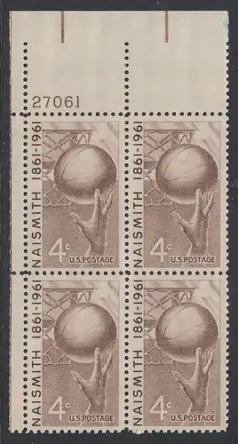 USA Michel 0815 / Scott 1189 postfrisch PLATEBLOCK ECKRAND oben links m/Platten-# 27061 (a) - 100. Geburtstag von James Naismith; Baskeball