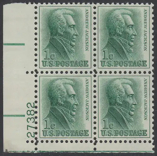 USA Michel 0816 / Scott 1209 postfrisch PLATEBLOCK ECKRAND unten links m/Platten-# 27382 - Berühmte Amerikaner: Andrew Jackson, 7. Präsident