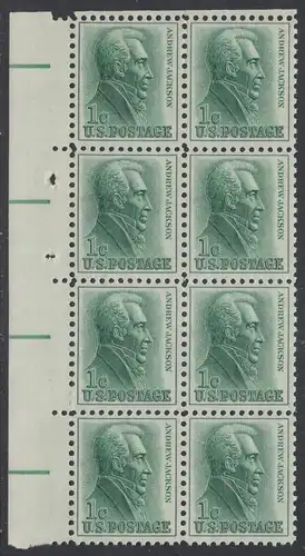USA Michel 0816 / Scott 1209 postfrisch vert.BLOCK(8) ECKRAND oben links - Berühmte Amerikaner: Andrew Jackson, 7. Präsident00