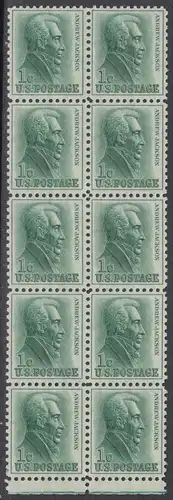 USA Michel 0816 / Scott 1209 postfrisch vert.BLOCK(10) RAND unten - Berühmte Amerikaner: Andrew Jackson, 7. Präsident