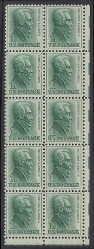 USA Michel 0816 / Scott 1209 postfrisch vert.BLOCK(10) ECKRAND unten rechts - Berühmte Amerikaner: Andrew Jackson, 7. Präsident