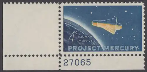 USA Michel 0822 / Scott 1193 postfrisch EINZELMARKE ECKRAND unten links m/Platten-# 27065 - Erster bemannter US-Weltraumflug von John Glenn jr.; Mercury-Kapsel „Friendship 7“ im Weltraum 
