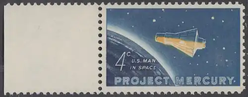 USA Michel 0822 / Scott 1193 postfrisch EINZELMARKE RAND links - Erster bemannter US-Weltraumflug von John Glenn jr.; Mercury-Kapsel „Friendship 7“ im Weltraum 