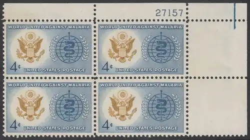 USA Michel 0823 / Scott 1194 postfrisch PLATEBLOCK ECKRAND oben rechts m/Platten-# 27157 - Kampf gegen die Malaria; Großes Siegel der USA, WHO-Emblem