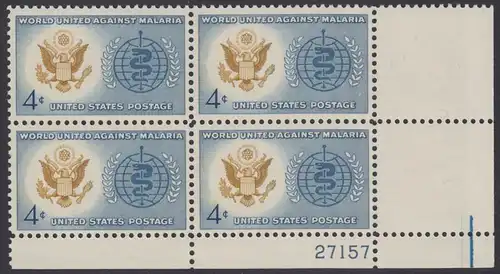 USA Michel 0823 / Scott 1194 postfrisch PLATEBLOCK ECKRAND unten rechts m/Platten-# 27157 - Kampf gegen die Malaria; Großes Siegel der USA, WHO-Emblem