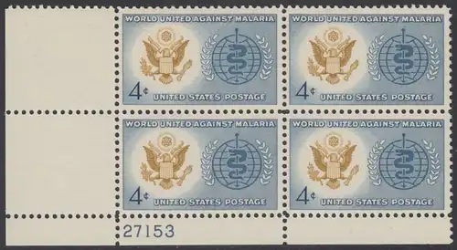 USA Michel 0823 / Scott 1194 postfrisch PLATEBLOCK ECKRAND unten links m/Platten-# 27153 - Kampf gegen die Malaria; Großes Siegel der USA, WHO-Emblem