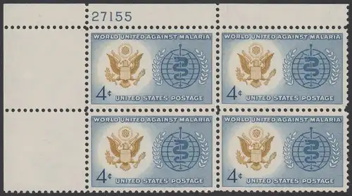 USA Michel 0823 / Scott 1194 postfrisch PLATEBLOCK ECKRAND oben links m/Platten-# 27155 - Kampf gegen die Malaria; Großes Siegel der USA, WHO-Emblem