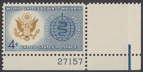USA Michel 0823 / Scott 1194 postfrisch EINZELMARKE ECKRAND unten rechts m/Platten-# 27157 - Kampf gegen die Malaria; Großes Siegel der USA, WHO-Emblem