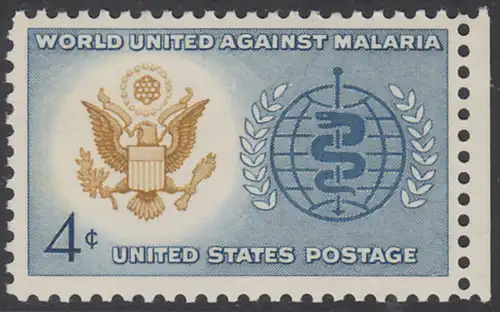 USA Michel 0823 / Scott 1194 postfrisch EINZELMARKE RAND rechts (a1) - Kampf gegen die Malaria; Großes Siegel der USA, WHO-Emblem