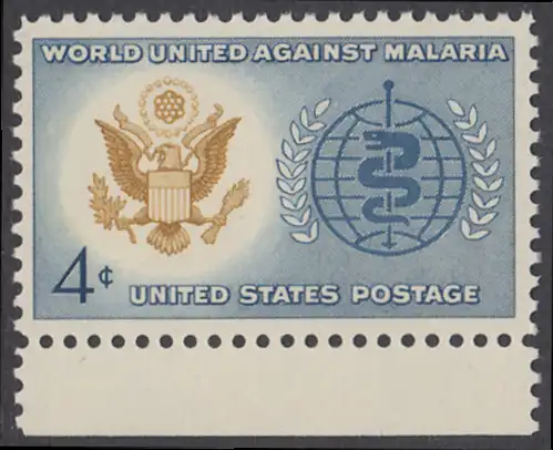 USA Michel 0823 / Scott 1194 postfrisch EINZELMARKE RAND unten - Kampf gegen die Malaria; Großes Siegel der USA, WHO-Emblem