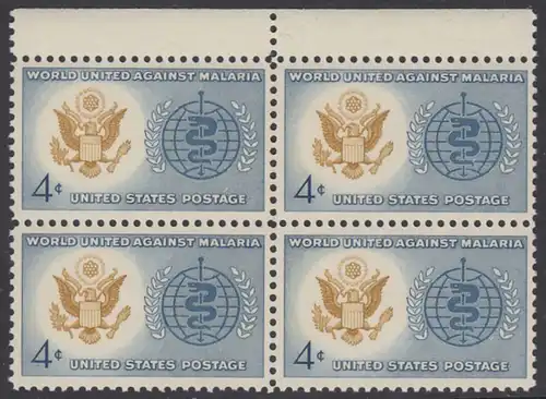 USA Michel 0823 / Scott 1194 postfrisch BLOCK RAND oben - Kampf gegen die Malaria; Großes Siegel der USA, WHO-Emblem