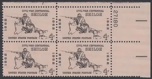 USA Michel 0824 / Scott 1179 postfrisch PLATEBLOCK ECKRAND oben rechts m/Platten-# 27180 - 100 Jahrestag des Bürgerkrieges: Schlacht von Shiloh