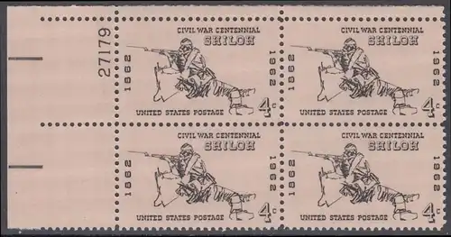 USA Michel 0824 / Scott 1179 postfrisch PLATEBLOCK ECKRAND oben links m//Platten-# 27179 - 100 Jahrestag des Bürgerkrieges: Schlacht von Shiloh