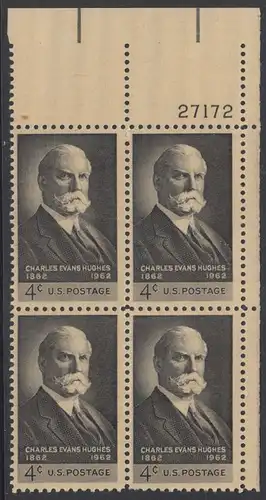 USA Michel 0825 / Scott 1195 postfrisch PLATEBLOCK ECKRAND oben rechts m/Platten-# 27172 - 100. Geburtstag von Charles Evans Hughes; Oberrichter und Gouverneur von New York