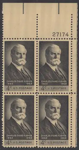 USA Michel 0825 / Scott 1195 postfrisch PLATEBLOCK ECKRAND oben rechts m/Platten-# 27174 (b) - 100. Geburtstag von Charles Evans Hughes; Oberrichter und Gouverneur von New York