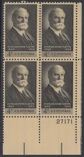 USA Michel 0825 / Scott 1195 postfrisch PLATEBLOCK ECKRAND unten rechts m/Platten-# 27171 - 100. Geburtstag von Charles Evans Hughes; Oberrichter und Gouverneur von New York